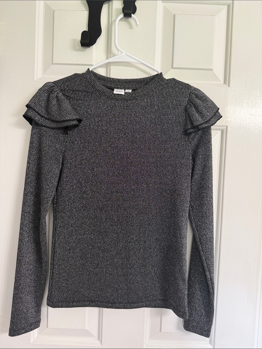 GAP Metallic Silver Ribbed Long Sleeve Top with Ruffle Shoulders